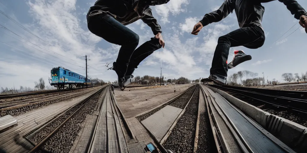 Image similar to a wide shot angle photography of a person jumping into a moving train