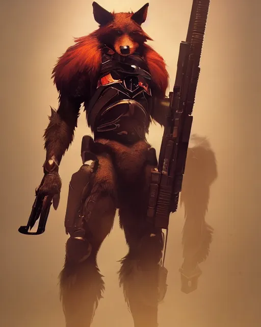 Image similar to beautiful portrait of a handsome black male anthropomorphic wolf fursona red hair, long red hair wearing destiny 2 armor and holding a sniper rifle. character design by cory loftis, fenghua zhong, ryohei hase, ismail inceoglu and ruan jia. artstation, volumetric light, highly detailed, photorealistic, fantasy, rendered in octane