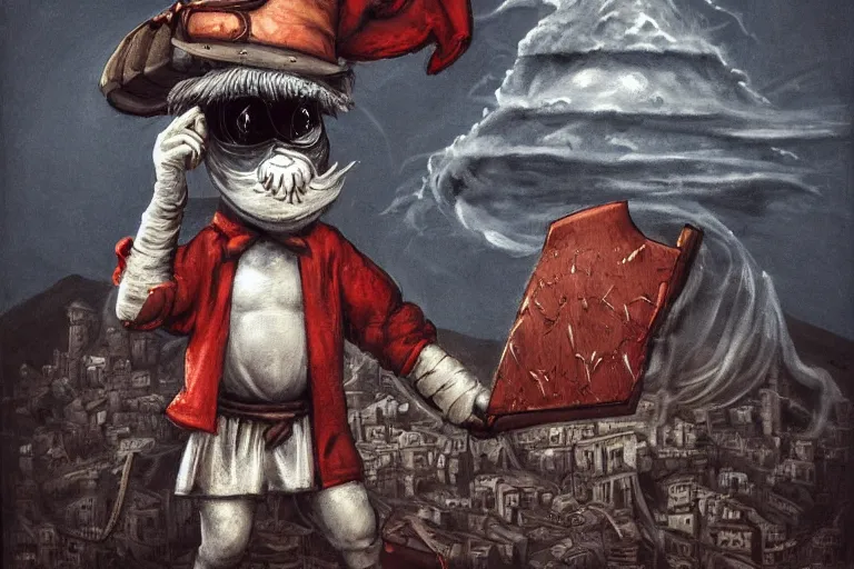 Prompt: a highly detailed pulcinella!! from naples, holding pizza! sign!, volcano, black sky, smoke, lava!, post - apocalyptic road warrior vibe, full body, wide angle, an ultrafine detailed painting by joe fenton, trending on deviantart, pop surrealism, whimsical, lowbrow, perfect symmetrical face, sharp focus, octane, masterpiece