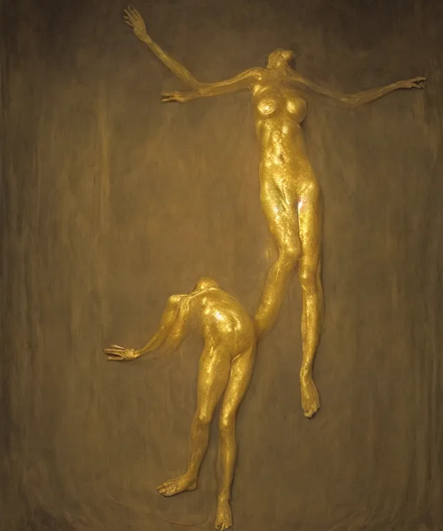 Image similar to Beautiful full-body wax sculpture of a glowing transparent woman with visible golden bones inside room without doors and windows in the singularity where stars becoming baroque folds of dark matter by Michelangelo da Caravaggio, Nicola Samori, William Blake, Alex Grey and Beksinski, dramatic volumetric lighting, highly detailed oil painting, 8k, masterpiece