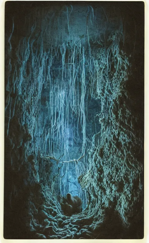 Image similar to blue vines in a dark cave forming a human face, creepy, extreme detail, realistic, polaroid color photo, vintage, stunning 8 k, neutral colors, by gregory crewdson