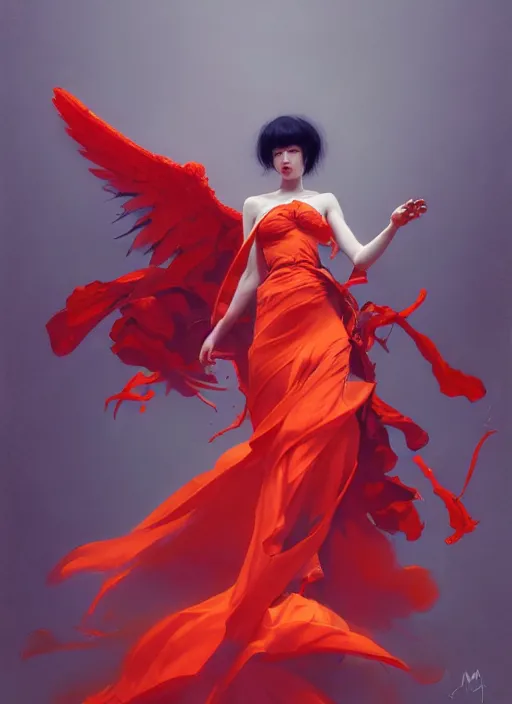 Prompt: character design by james jean, ruan jia, ilya kuvshinov, martine johanna, jakub rebelka ( ( ( portrait of a demonic sexy dark angel in seductive luxurious flowy fiery dress ) ) ) emerging from lighting and powerful thunder, sharp edges. ultra detailed, majestic, intricate,