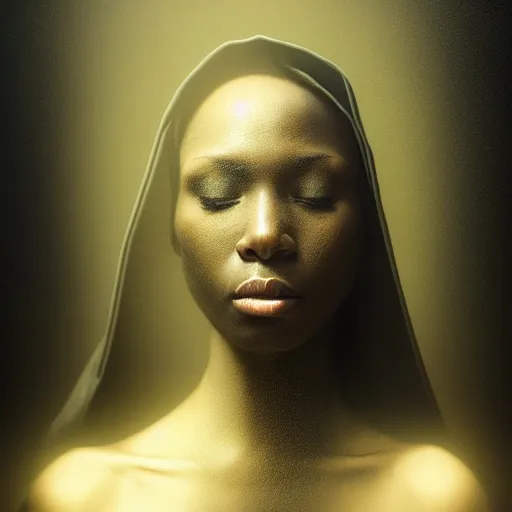 Image similar to a portrait of a young black woman wearing a long dark cloak, hood and shadows covering face, anatomically correct, beautiful perfect face, enigmatic, oil painting, matte painting, black background, Volumetric Golden dappled dynamic lighting, Highly Detailed, Cinematic Lighting, Unreal Engine, 8k, HD, by Beksinski