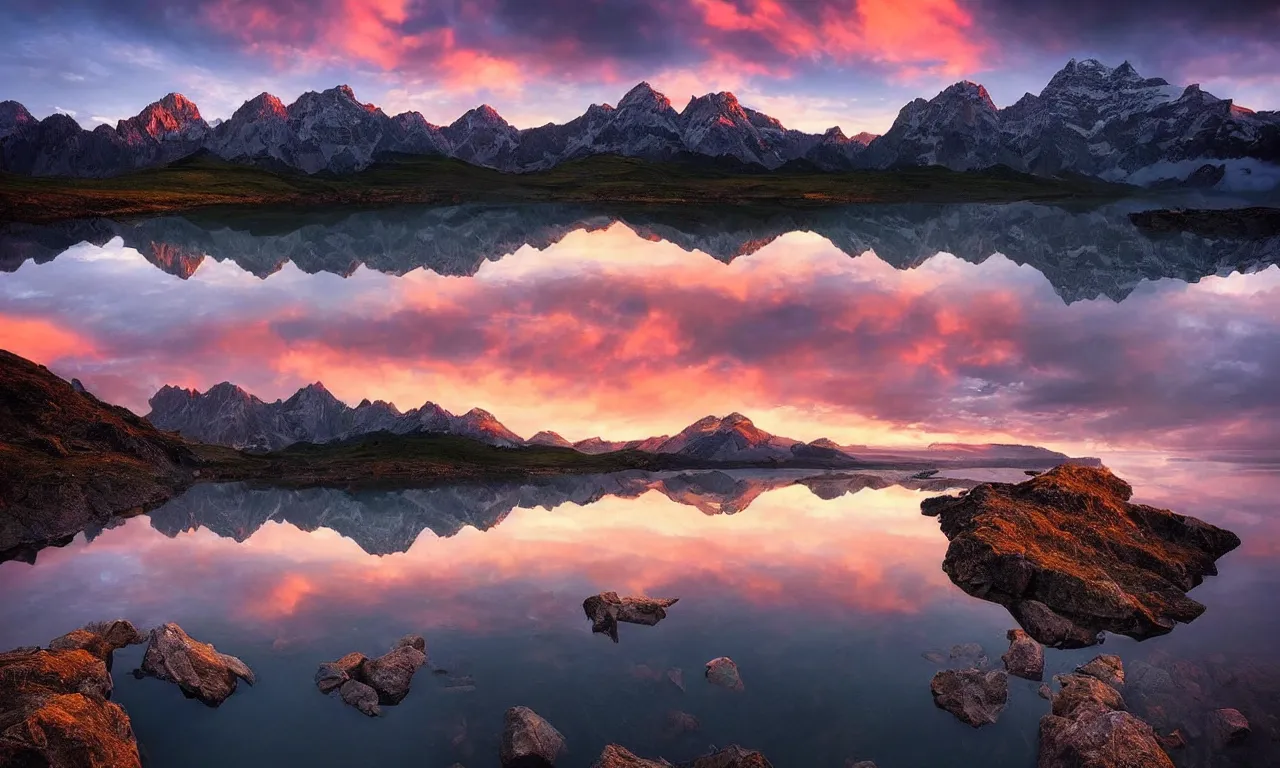 Image similar to amazing landscape photo of mountains with lake in sunset by marc adamus, beautiful dramatic lighting