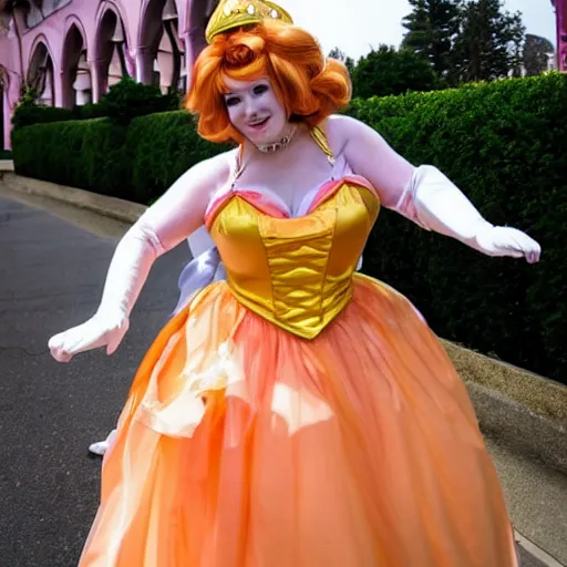 Prompt: a woman cosplaying princess peach in an opera gown