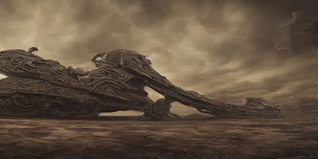 Prompt: a large ominous and geometric very ornate and detailed spaceship, lots of shapes intertwined very large and long floating over a barren dry land with an epic cloud formation on the background by James Paick,very detailed, octane render, 8k, scary and brooding, scary and dark, canon 24mm lens