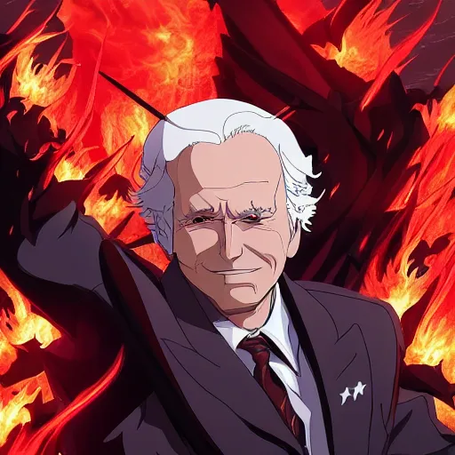 Image similar to portrait of dark biden as the master of the dark flames of destruction, anime fantasy illustration by tomoyuki yamasaki, kyoto studio, madhouse, ufotable, trending on artstation