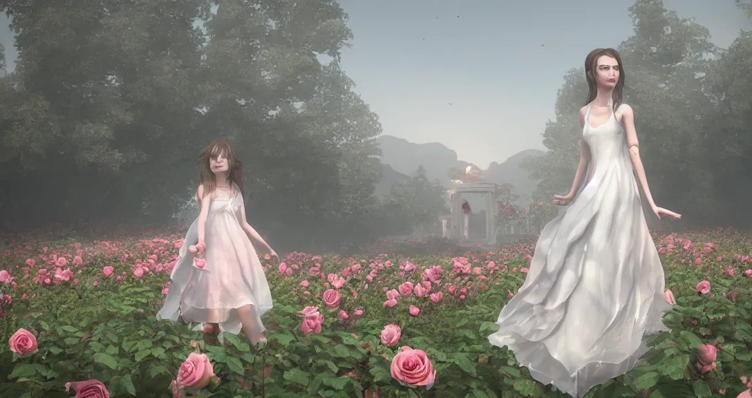 Prompt: girl in a dress, dreamy rose garden with rose arches, magical, highly intricate octane render, trending on artstation, white fields, mountain on the background, misty, detailed, light leaks on camera,