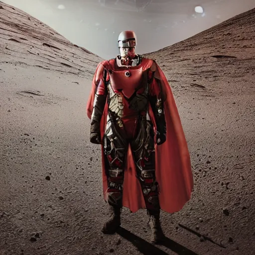 Image similar to portrait of a 5 0 year old soldier with vertical slits on his nose, angular eyebrows, wearing blood - spattered glossy sleek white dinged scuffed armor and a long torn red cape, heroic posture, battle - weary, strained expression, determined expression, no helmet, on the surface of mars, dramatic lighting, cinematic, sci - fi, hyperrealistic, detailed
