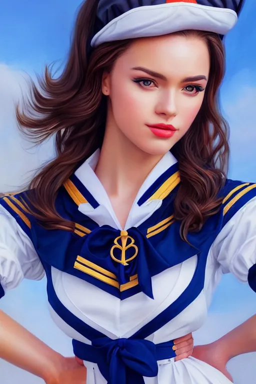 Prompt: full body photo of a gorgeous young woman wearing a sailor style outfit in the style of stefan kostic, realistic, sharp focus, 8k high definition, insanely detailed, intricate, elegant, art by stanley lau and artgerm