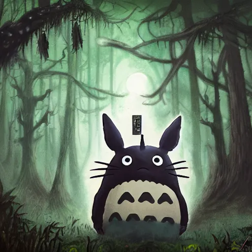 Image similar to totoro with black metal paint in the face, a drummer, electric guitar, dead people around, in the middle of the forest, fantasy digital art, wow, stunning, ghibli style, hight quality