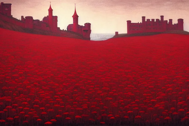 Image similar to only with red, red flowers of different types, red castle in background, red medieval goblins, in the style of beksinski, parts by edward hopper, parts by rodcenko, parts by yue minjun, intricate and epic composition, red by caravaggio, insanely quality, highly detailed, masterpiece, red light, artstation, 4 k