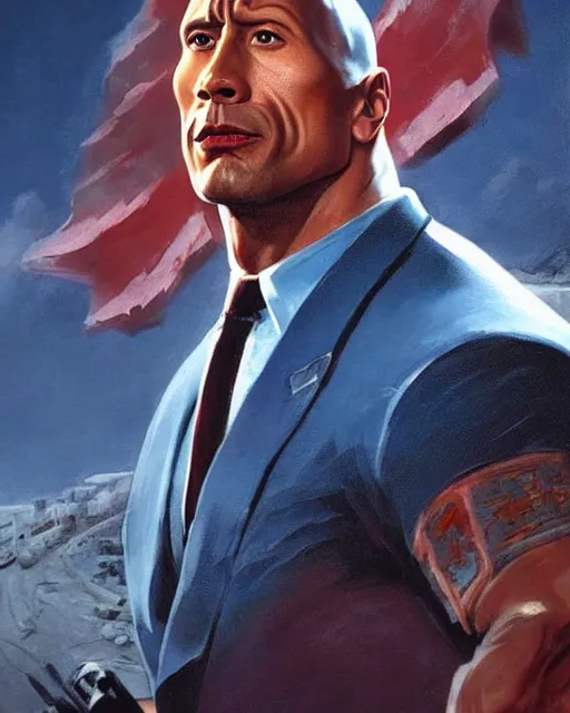 Image similar to dwayne johnson as a politician. 1 9 8 0 s dystopian soviet russia, propaganda screens. unreal engine, fantasy art by jesper ejsing. faithfully depicted facial expression, perfect anatomy global illumination, radiant light, detailed and intricate environment