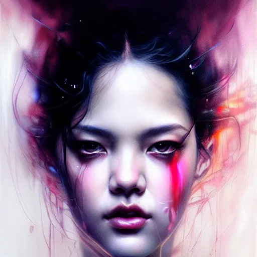 Image similar to rose of blackpink, hyperrealistic portrait, bladerunner street, by karol bak and agnes cecile, fantasy art, photo realistic, dynamic lighting, artstation, poster, volumetric lighting, very detailed face, intricate complexity, 8 k, award winning