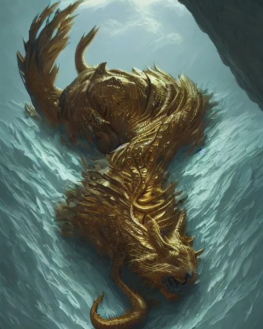 Image similar to A golden hulong sleeping, highly detailed, full body, fantasy art, monster art, in the style of greg rutkowski, illustration, epic, fantasy, intricate, hyper detailed, artstation, concept art, smooth, sharp focus, ray tracing