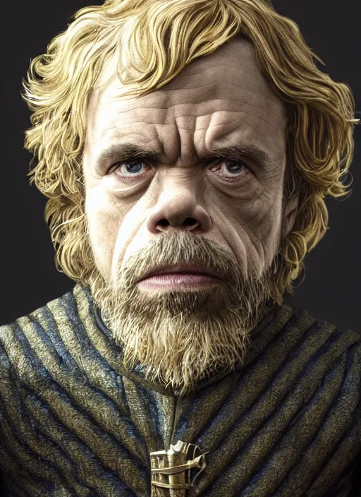 Image similar to portrait of warwick davis as tyrion lannister, with platinum blonde hair and green eyes, by anne stokes and larry elmore, smooth shaven face, lucian freud and drew struzan, detailed matte painting, realistic portrait, symmetrical, highly detailed, digital painting, artstation, concept art, smooth, sharp focus, illustration, cinematic lighting, 8 k resolution