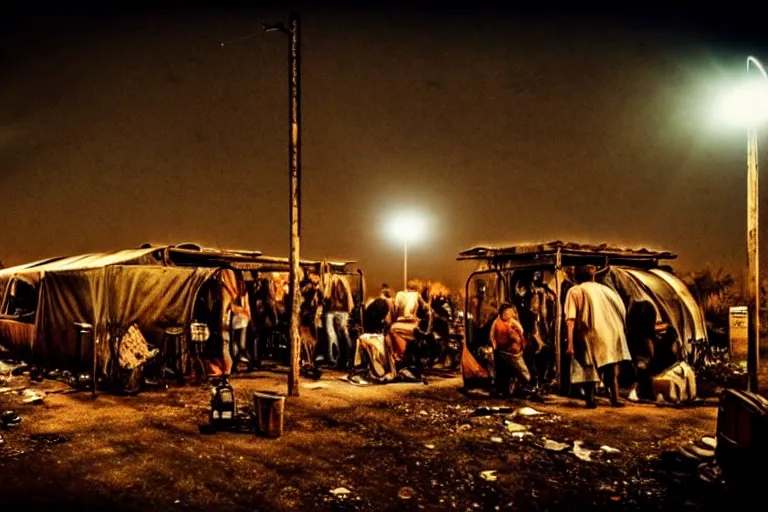 Prompt: post apocalyptic us dinner being used as a shelter, dystopian, people huddled, night, spot lights, rust