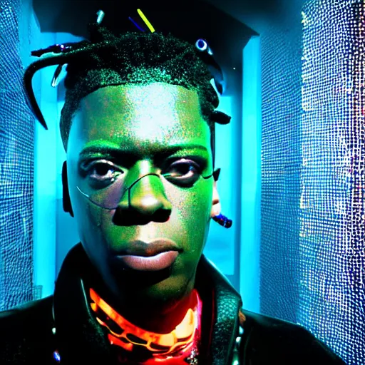 Image similar to a cinematic film still of rapper unotheactivist as a cybernetic cyborg, cgi, surrealism, glowing, studio photography