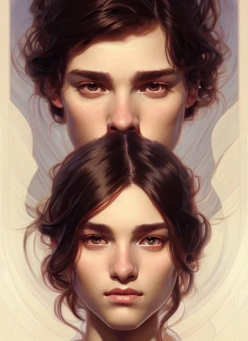 Image similar to portrait of young man and a woman, perfection, beautiful hair, symmetrical! intricate, elegant, highly detailed!! smile, digital painting, artstation, concept art, smooth, sharp focus, illustration, art by artgerm and greg rutkowski and alphonse mucha