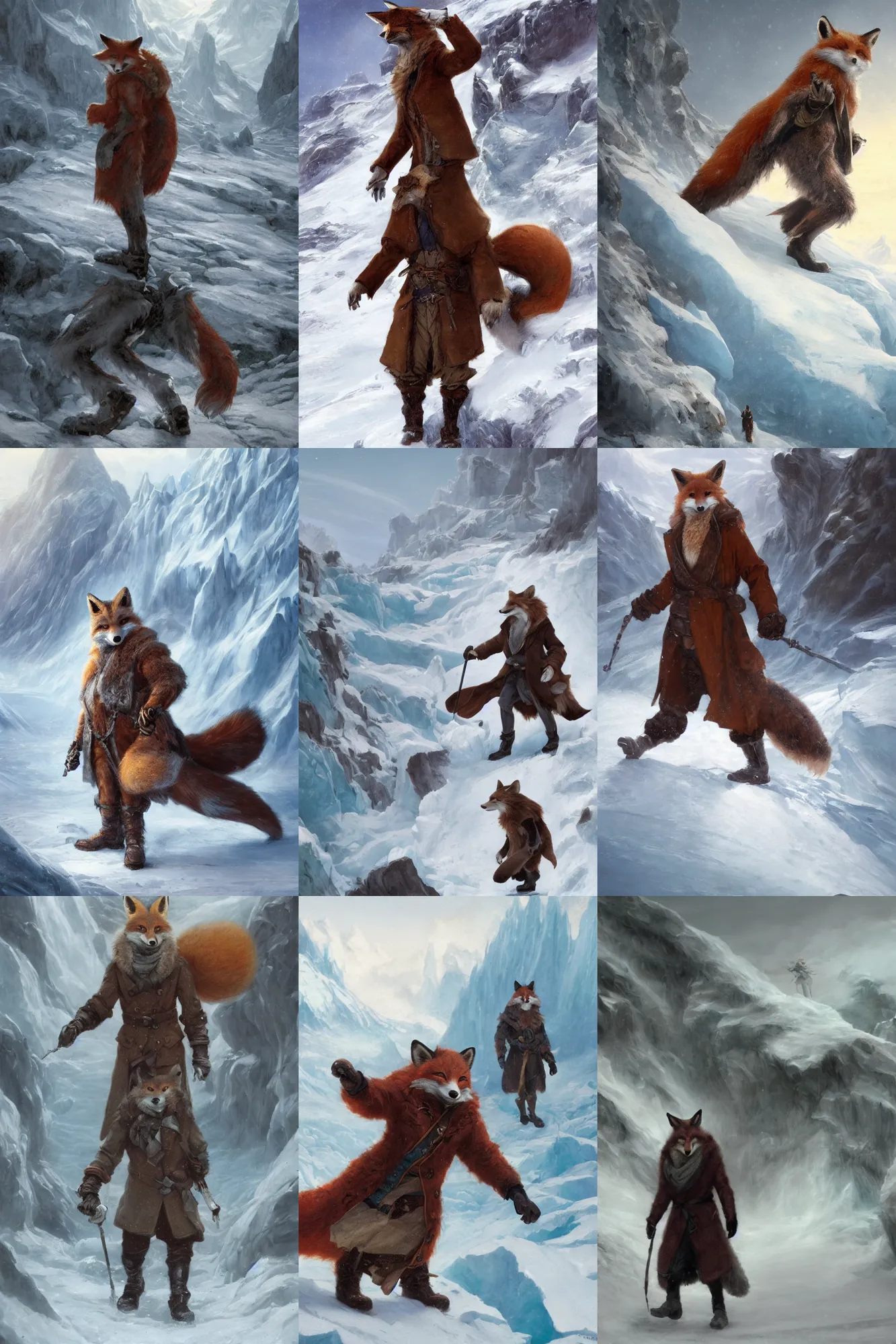 Prompt: an anthropomorphic fox man wearing a long coat walking across a glacier, hands in pockets, blizzard, character illustration by Aaron Miller, Greg Rutkowski, thomas kinkade, Howard Pyle, disney, El Greco, Cynthia Sheppard