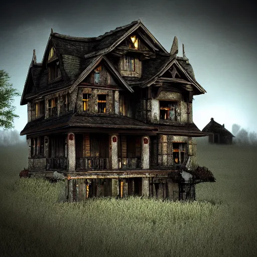 Image similar to village horror house forest darkness dark unreal render