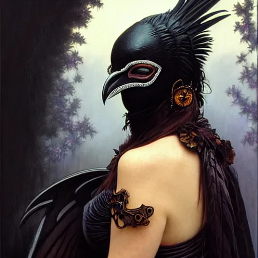 Prompt: portrait of a young woman in a raven masquerade mask, dark, piercing eyes, exotic expression, esoteric clothing, photorealistic, highly detailed, mysterious lighting, artstation, smooth, sharp focus, art by michael whelan, artgerm, greg rutkowski and alphonse mucha