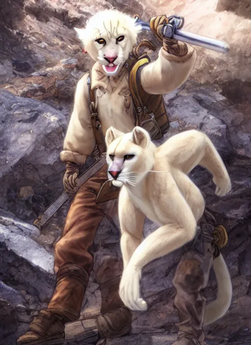 Prompt: character portrait of a (((anthro))) albino mountain lion wearing miner's clothes at the mines. hidari, color page, tankoban, 4K, tone mapping, Akihiko Yoshida.