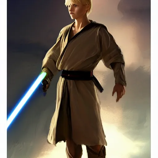 Image similar to a young blonde male jedi with short hair looking away at a threat full body shot concept art by Doug Chiang cinematic concept art, realistic painting, high definition, digital art, matte painting, symmetrical, very detailed, realistic, dramatic lighting, cinematic, establishing shot, extremely high detail, photo realistic, cinematic lighting, post processed, concept art, artstation, matte painting, red color scheme