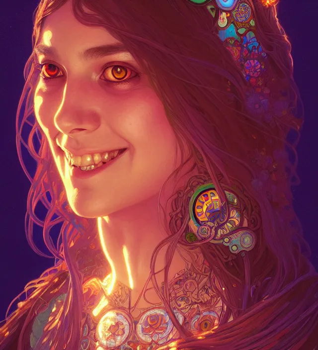 Image similar to symmetry!! portrait of hippie girl smiling, glowing eyes!! psychedelic, intricate, elegant, highly detailed, digital painting, artstation, concept art, smooth, sharp focus, illustration, art by artgerm and greg rutkowski and alphonse mucha, 8 k