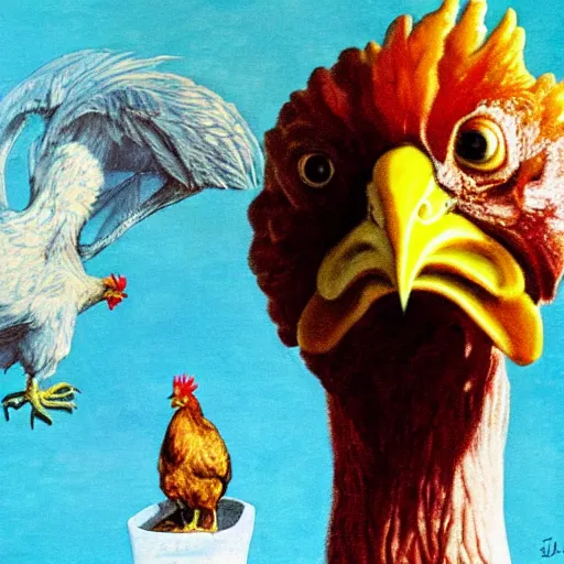 Prompt: the last chicken on earth in the style of dali