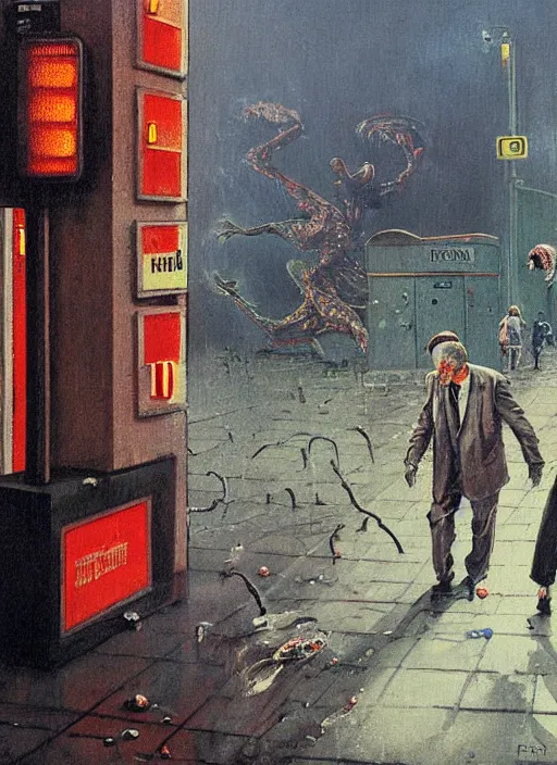 Prompt: a dariusz zawadzki painting of a creature covered in tripophobic holes walking towards a man at a gas station, full view, concept art, extremely high details, francis bacon, norman rockwell, hyper realistic high quality scene of the end of the world by francis bacon and edward hopper, horror art, scene from godfather