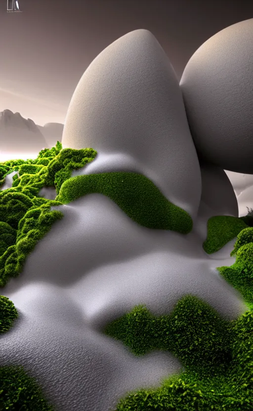 Image similar to highly detailed ultra sharp 3 d render cinematic composition of a smooth ceramic porcelain biomorphic magnolia stone nebula fluid fractal sci - fi surreal architecture landscape, granite, metallic, magnesium, marble, moss and lichen, vincent callebaut composition, mamou - mani, archviz, beautiful lighting, 8 k, unreal engine, hdr,