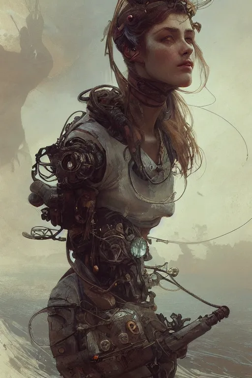 Image similar to A full portrait of a beautiful post apocalyptic deep sea fisherman, intricate, elegant, highly detailed, digital painting, artstation, concept art, smooth, sharp focus, illustration, art by Krenz Cushart and Artem Demura and alphonse mucha