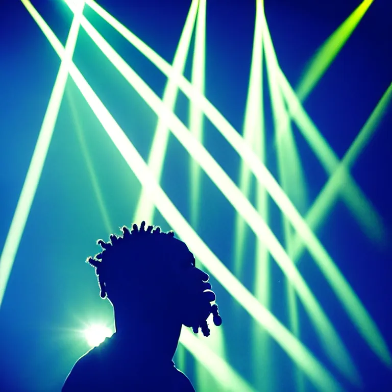 Image similar to rapper using microphone, epic angle, profile view, silhouetted, distinct, psychedelic hip-hop, laser light show, beams of light