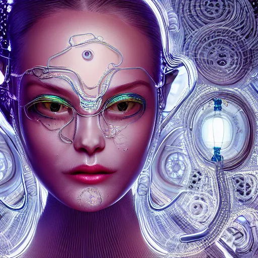 Image similar to woman integrating with technology, full face, insipiring, detailed intricate ornate cables connected to head, big open electric eyes, luxurious detailed abundent wiring and implants, diamonds, sci-fi, neon, emeralds, detailed technology full background, highly detailed, artstation, Rene Lalique and Eddie Mendoza