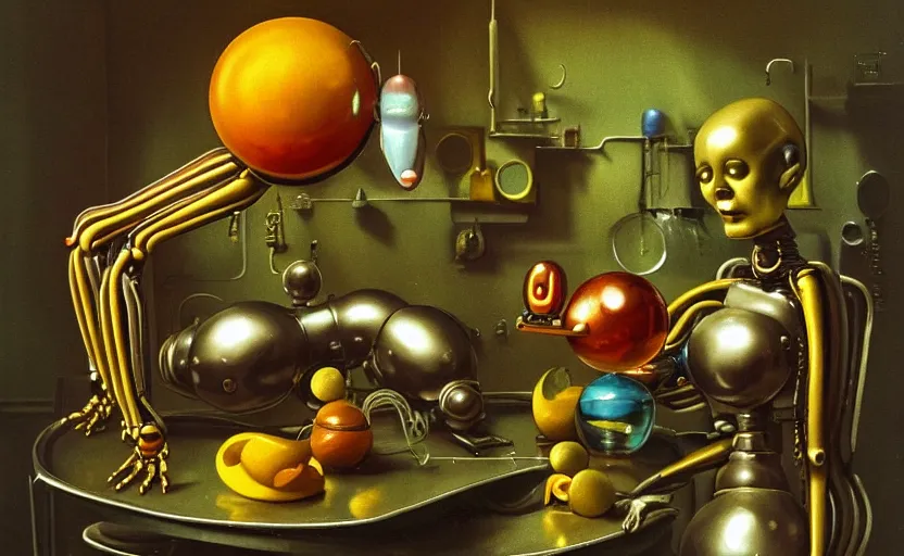 Image similar to strange seductive futuristic robot body, enticing colorful oil painting dutch golden age vanitas still life perfect composition with bulbous objects strange gooey transparent surfaces shiny metal reflections bizarre mutant meat insects rachel ruysch dali todd schorr very detailed perfect composition rule of thirds masterpiece canon 5 0 mm, cinematic lighting, photography, film, kodachrome