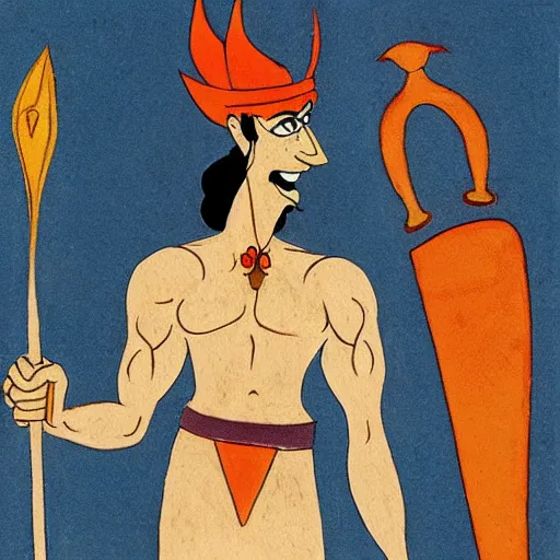 Prompt: hades from the cartoon Hercules on a boat on the River Styx, minimal, Spanish folk art