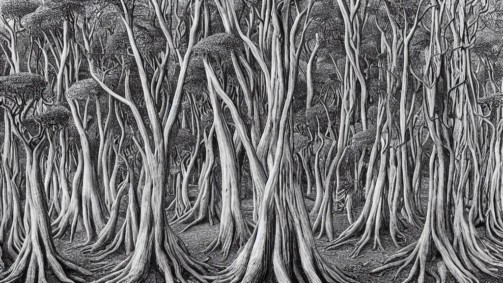 Prompt: a forest of trees that look like gnarled fingers, by chris van allsburg and m. c. escher, fine inking lines, surreal fantasy