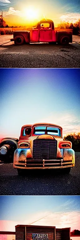 Image similar to a sunset light landscape with historical route 6 6, lots of sparkling details and sun ray ’ s, blinding backlight, smoke, volumetric lighting, colorful, octane, 3 5 mm, abandoned gas station, old rusty pickup - truck, beautiful epic colored reflections, very colorful heavenly, softlight