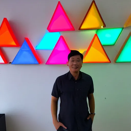 Image similar to a vietnamese daytrader named jay standing proudly in front of triangular nanoleaf led lights on his wall