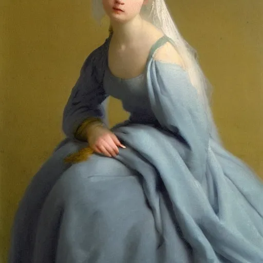 Image similar to a portrait of a young woman, her hair is white, she wears a long flowing blue satin veil, by ivan aivazovsky and and pieter claesz and paul delaroche and alma tadema and and willen claesz heda and aelbert cuyp and gerard ter borch, hyperrealistic, rendered in octane