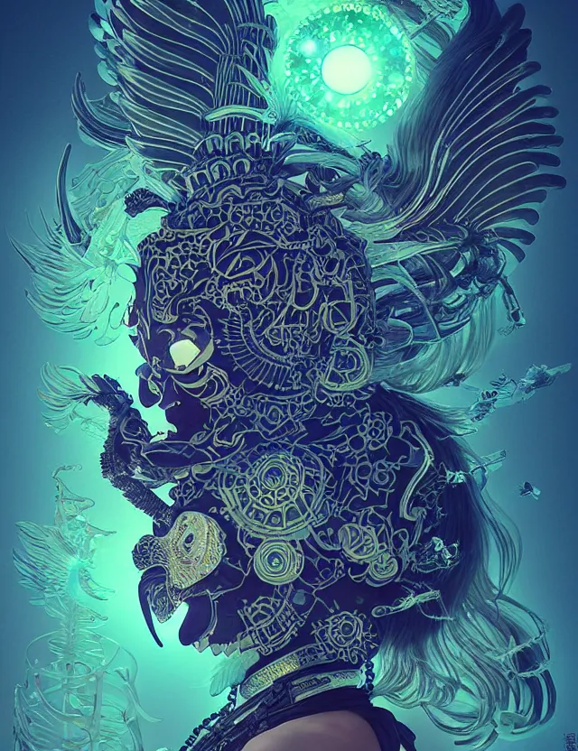 Image similar to 3 d goddess close - up profile solarpunk portrait ram skull. beautiful intricately detailed japanese crow kitsune mask and clasical japanese kimono. betta fish, jellyfish phoenix, bio luminescent, plasma, ice, water, wind, creature, artwork by tooth wu and wlop and beeple and greg rutkowski