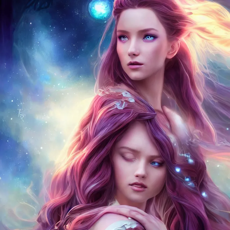 Image similar to beautiful cinematic fantasy poster, a beautiful princess like a disney princess hybrid with flowing illuminated hair, beautiful glowing galaxy eyes, wideshot ultrawide angle epic scale, hybrid from The Elden Ring and art direction by Darius Zawadzki ;by artgerm; wayne reynolds art station; cinematic quality character render; low angle; ultra high quality model; production quality cinema model;