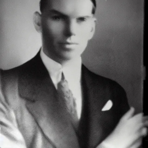 Image similar to A photograph portrait of Jerma985 wearing a suit with short slicked hair in the early 1930s, taken in the early 1930s, grainy, taken on a early 1930s Kodak Camera, realistic, hyperrealistic, very realistic, highly detailed, very detailed, extremely detailed, detailed, digital art, trending on artstation