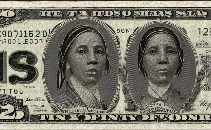 Image similar to rectangular photograph of twenty dollar u. s. currency note featuring harriett tubman