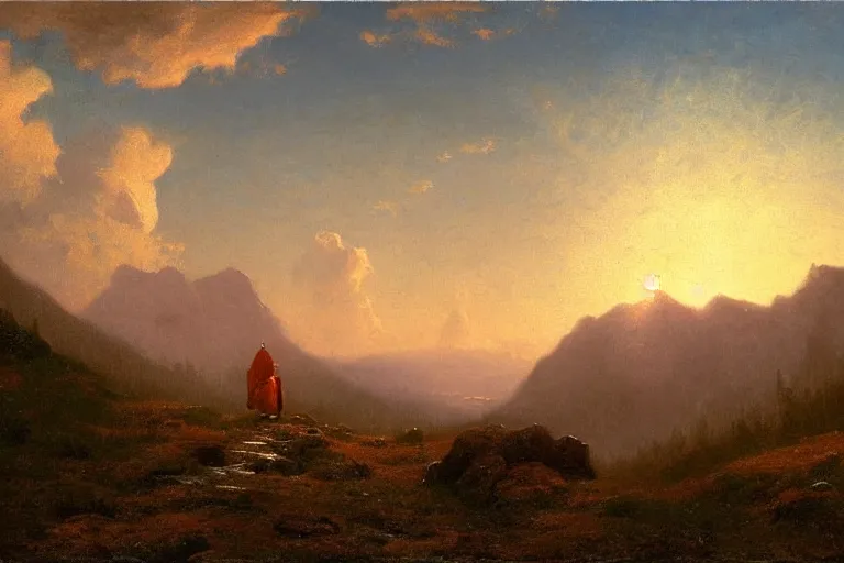 Image similar to a traveler wandering trough the mountains looking at the clouds, very detailed, oil painting, cinematic lighting, albert bierstadt, trending on artstation, colorful, canvas, sunset, theodor kittelsen