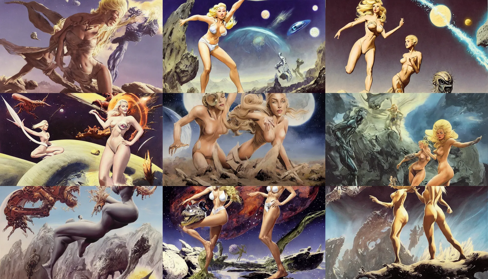 Prompt: a mixed media painting of one very beautiful blonde woman fleeing from a distant colossus creature on an alien world, elegant, aesthetic!!! symmetrical face and eyes, sixties pinup, futuristic white space bikini, photorealistic, goddess, epic sci - fi character art, by frank frazetta, donato giancola, boris vallejo, greg rutkowski, christian macnevin