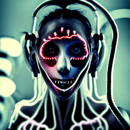 Image similar to a terrifying but beautiful woman with, wires for hair, glowing eyes, razor sharp teeth, computers, horror, studio lighting, 8 5 mm f 1. 8, cyberpunk, art by, masterpiece, trending, highly detailed, realistic