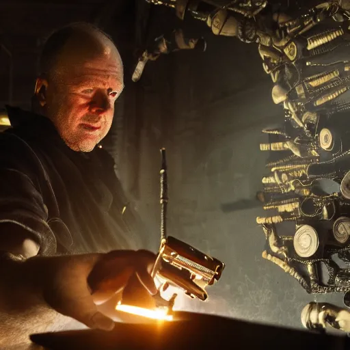 Prompt: balding older cyborg using jeweller's loupe with orange led light, inspecting intricate gun made from rusted cutlery, smoking soldering iron, dark messy cluttered workshop, dark, dramatic lighting, cinematic, highly detailed, sci - fi, futuristic, movie still from blade runner