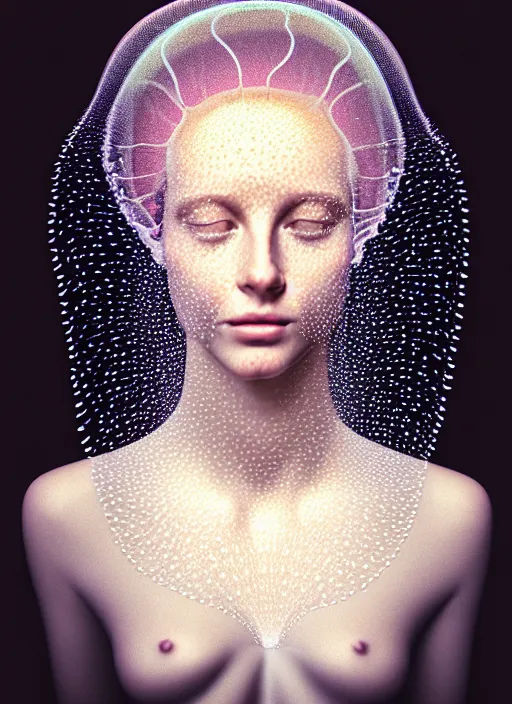Prompt: Kodak Portra 400, 8K, soft light, volumetric lighting, highly detailed, britt marling style 3/4 , portrait photography of a beautiful woman by Giovanni Gastel, face merging with jellyfishes, symbolic metamorphosis complex 3d render , 150 mm lens, art nouveau fashion embroidered,bust with intricate underwaters details, elegant, hyper realistic, ultra detailed, octane render, underwater soft colours, emotionally evoking, head in focus, fantasy, elegant, soft light, volumetric lighting, highly detailed, Refined, Highly Detailed, soft pastel lighting colors scheme, fine art photography, Hyper realistic, photo realistic